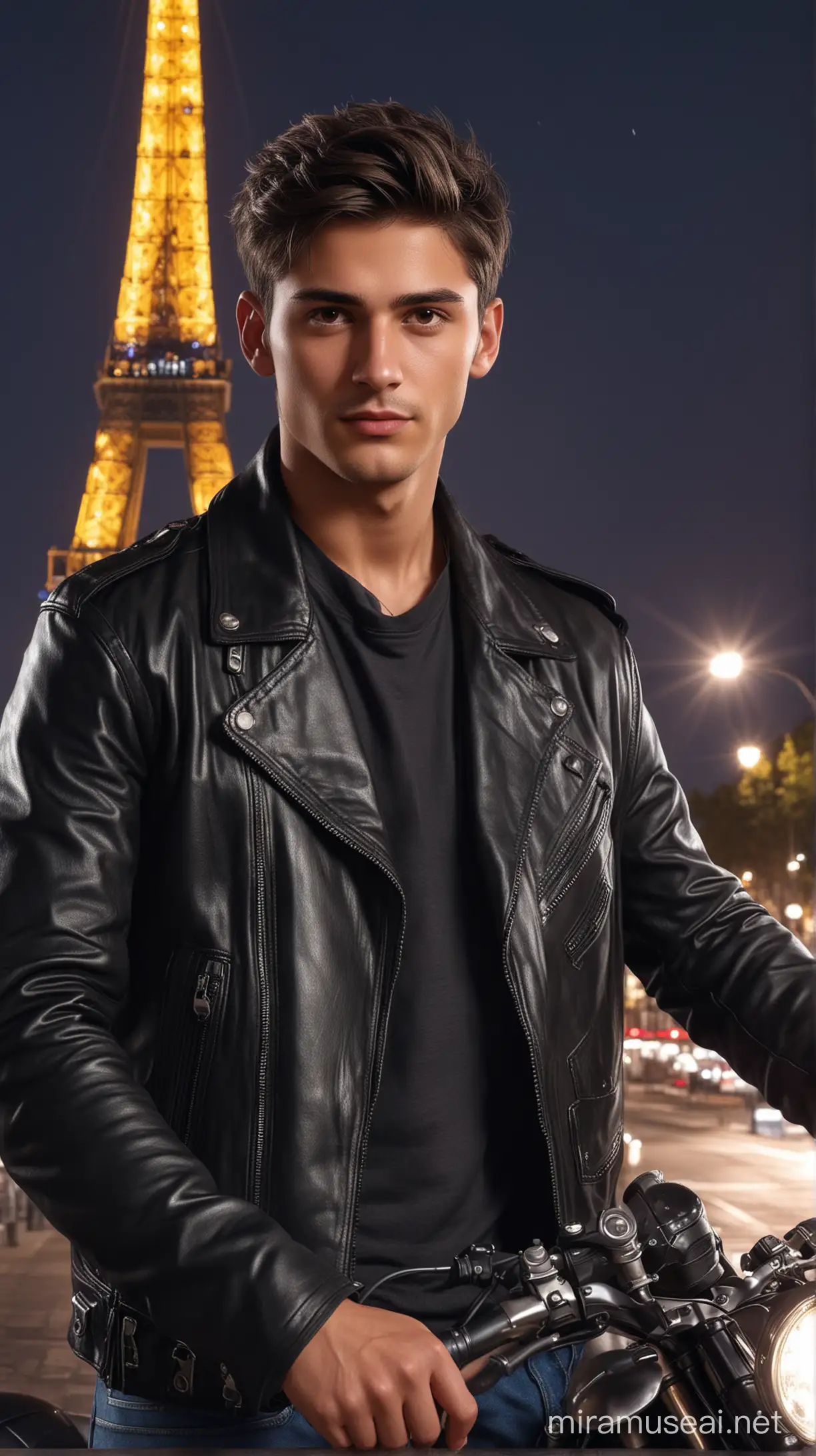 A very handsome man, 18 Years old, oval face, black hair, in a leather jacket holds a motorcycle helmet, behind him is a motorcycle.The Eiffel Tower glows in the background. night city, neonlight. Neon light falls on clothes and helmet.(RAW photo: 1.2), ((photo-realistic: 1.4), (tmasterpiece: 1.3), (beste-Qualit: 1.4), extra high resolution, (Detailed facial features), (Detailed features of clothing), HDR, 8k resolution, (Extremely detailed illustration), keep the hairstyle as original.