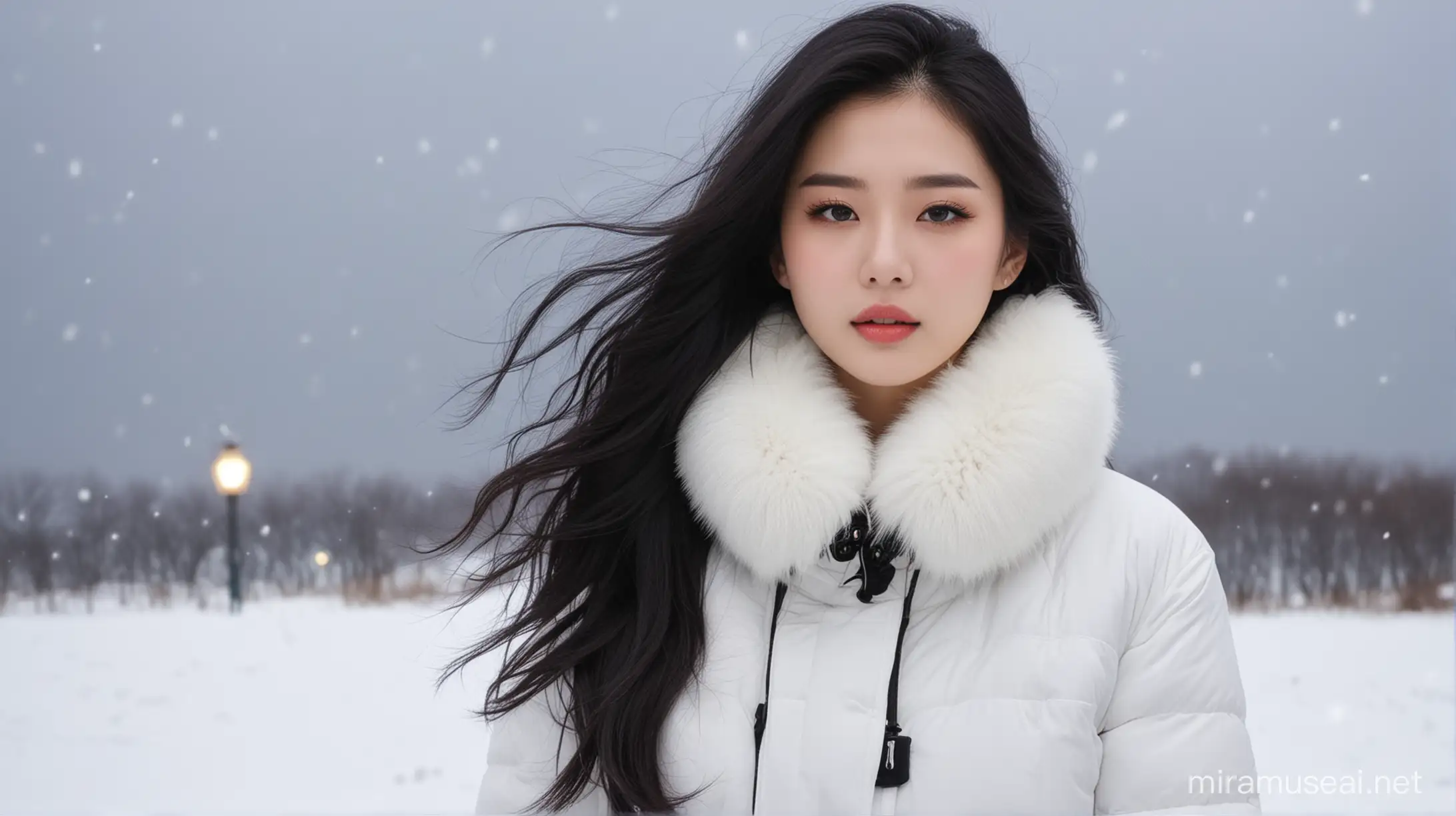 Elegant Woman in Snowy Weather White Fur Collar Black Down Jacket Portrait