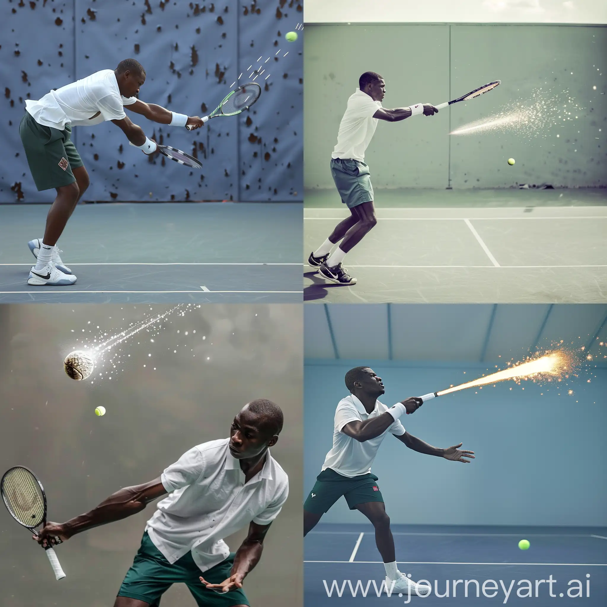 Create a surrealistic sideways medium shot image of a male Nigerian tennis player, wearing white shirt over deep green shorts, as he strikes a small size tennis ball with his racket, the tennis ball streaks across the court like a meteor away from the player