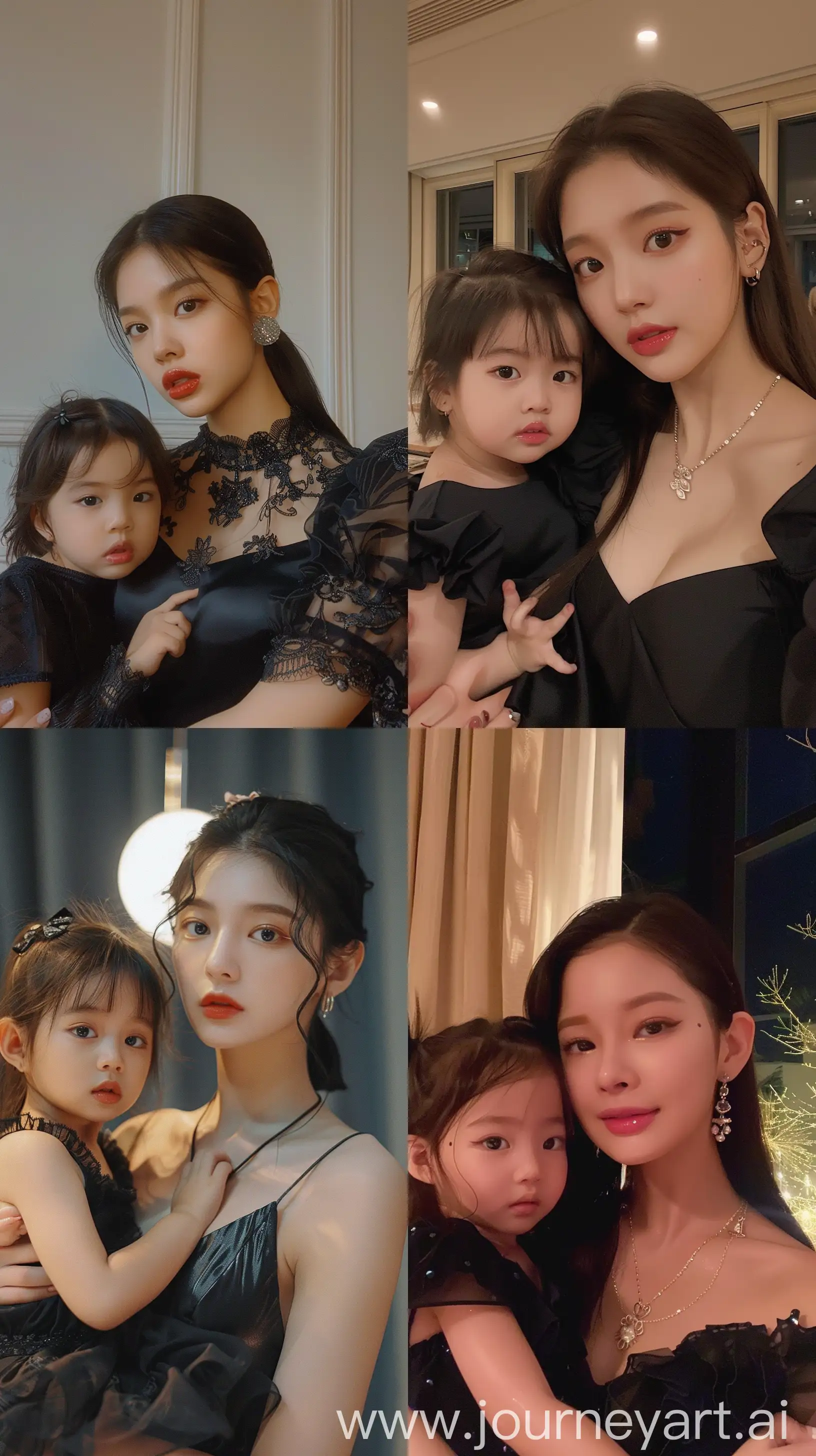 blackpink's jennie,holding 2 years old girl, facial feature look a like blackpink's jennie, aestethic selfie, night times, aestethic make up, wearing black elegant dress --ar 9:16