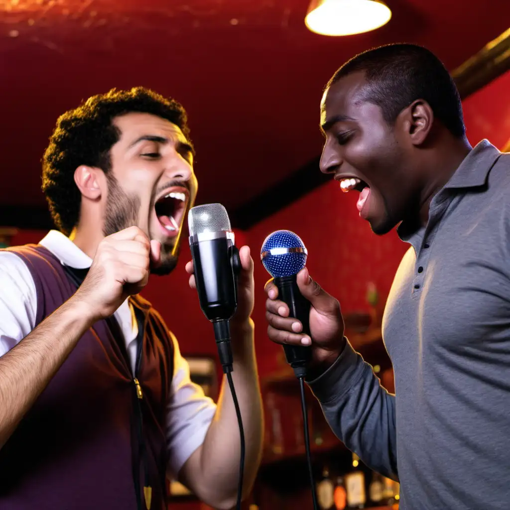 One Arab man and one black man singing karaoke in a pub