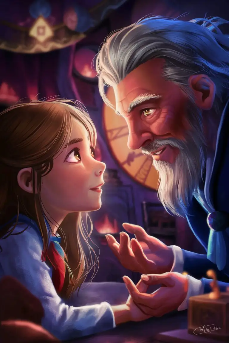 Enchanting Encounter Little Girl and Wise Wizard Gazing