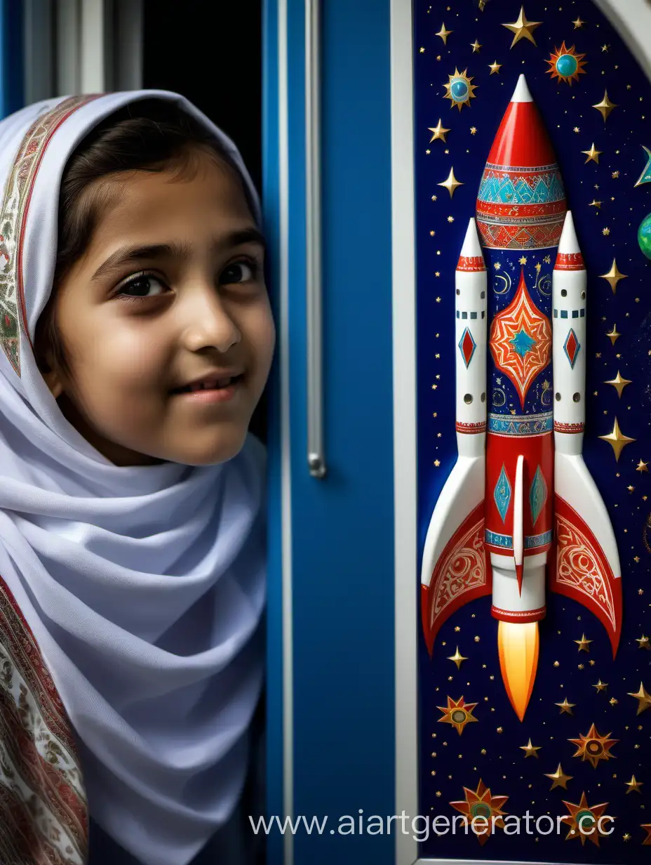 A space rocket decorated with Uzbek national motifs is greeted by a Muslim girl looking through the window of the rocket