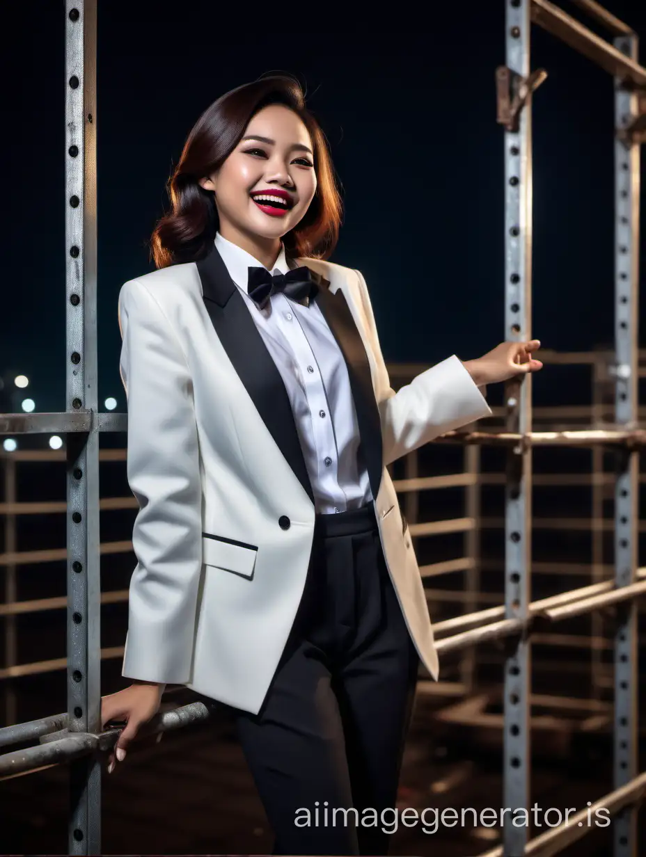 Sophisticated-Indonesian-Woman-in-White-Tuxedo-Smiling-at-Night
