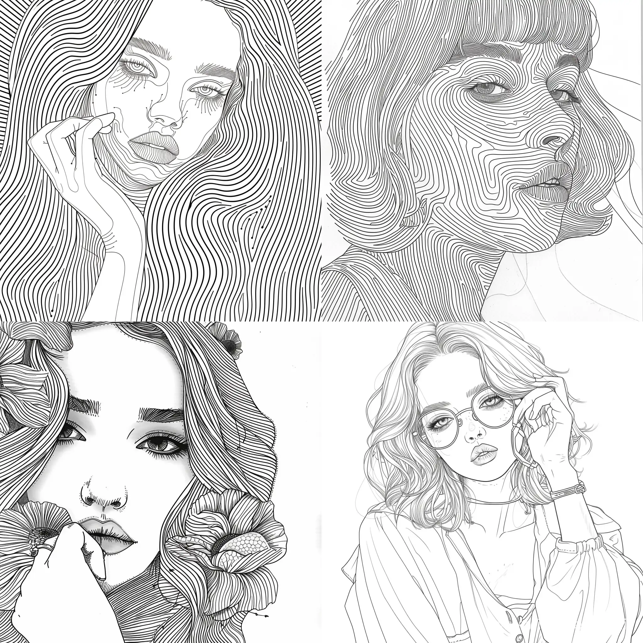 (((in the style of bearbrickjia))), creative art drawing, fashionable art girl, fine lines, white background, art, black and white coloring, black and white image, black and white linear image, coloring page, (((black and white))), line art