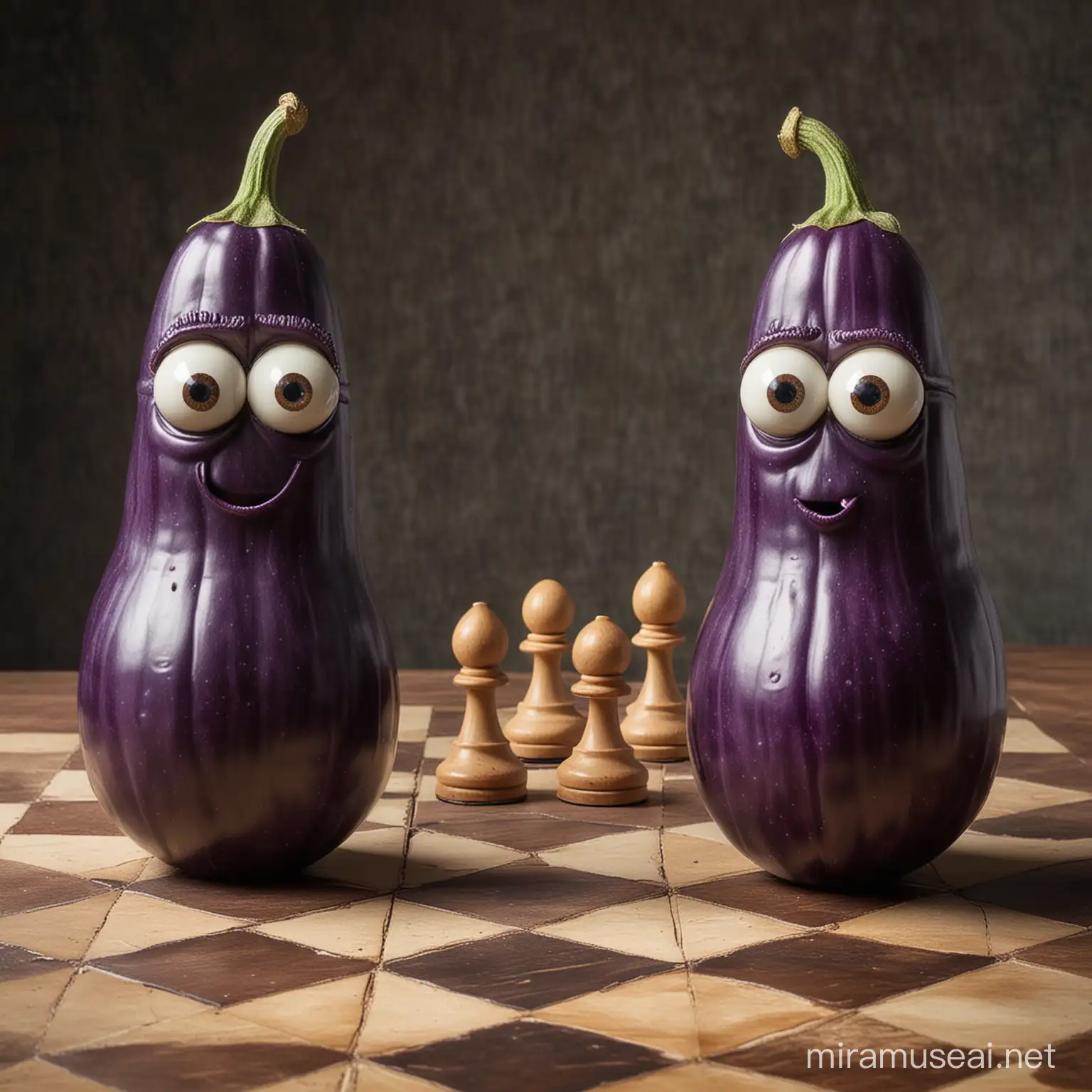 two large phallic googly-eyed eggplants playing chess against each other