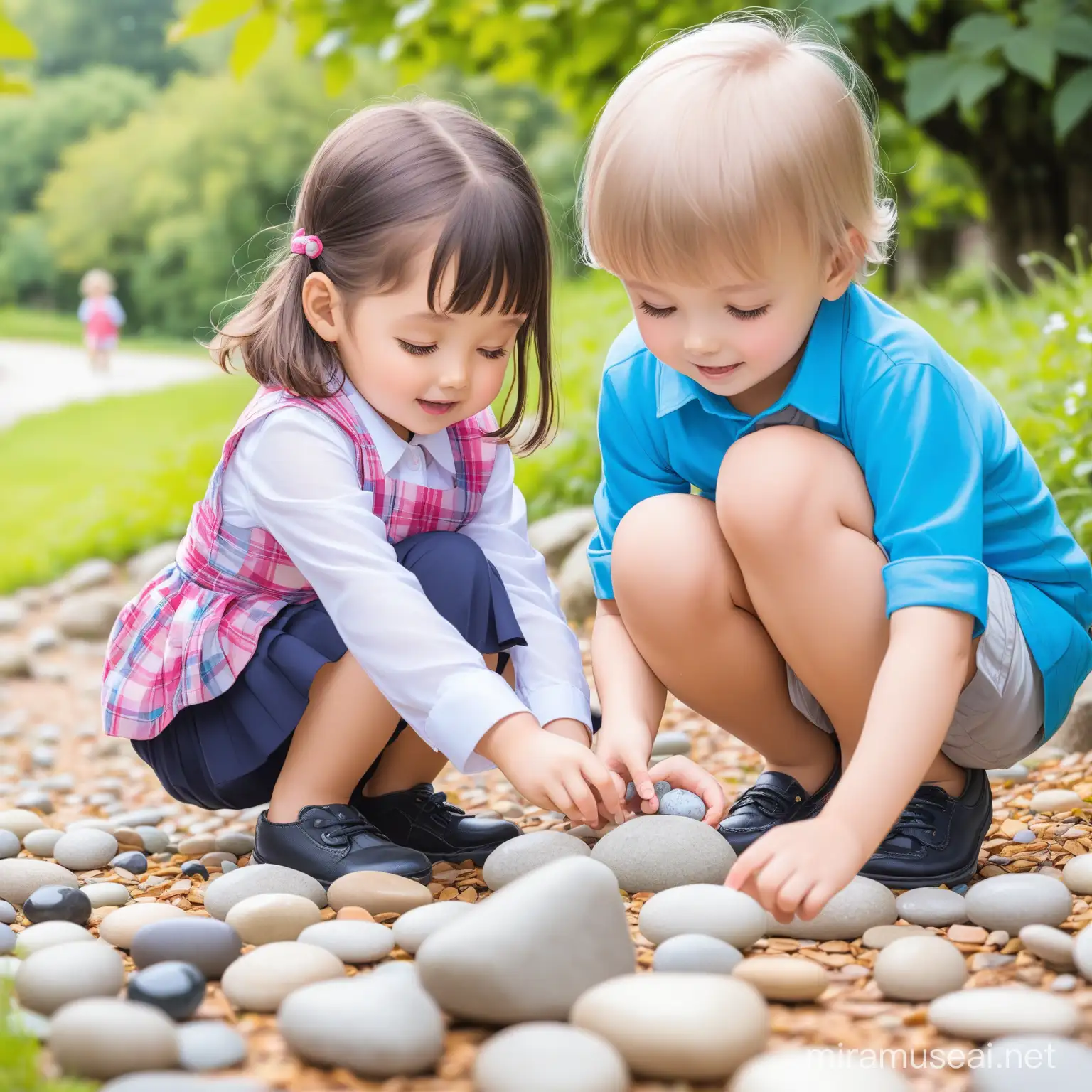 pre school boy and girl playing with stones