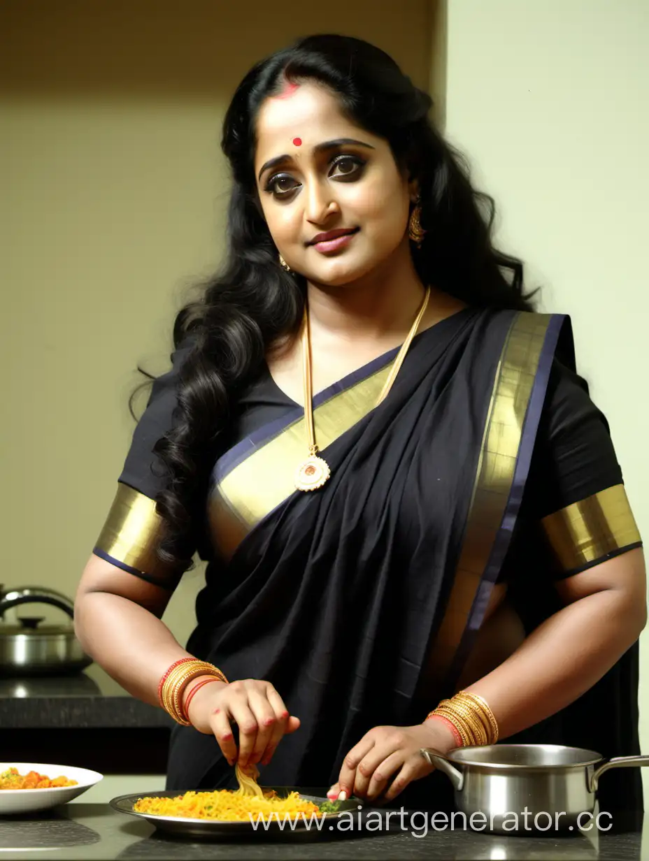 Full body image of A 50 years old kerala woman who looks like malayalam movie actress kavya madhavan. The woman has very long hair. The woman is displaying motherly affection. The woman is preparing food in the kitchen. The woman is wearing a black casual saree. 