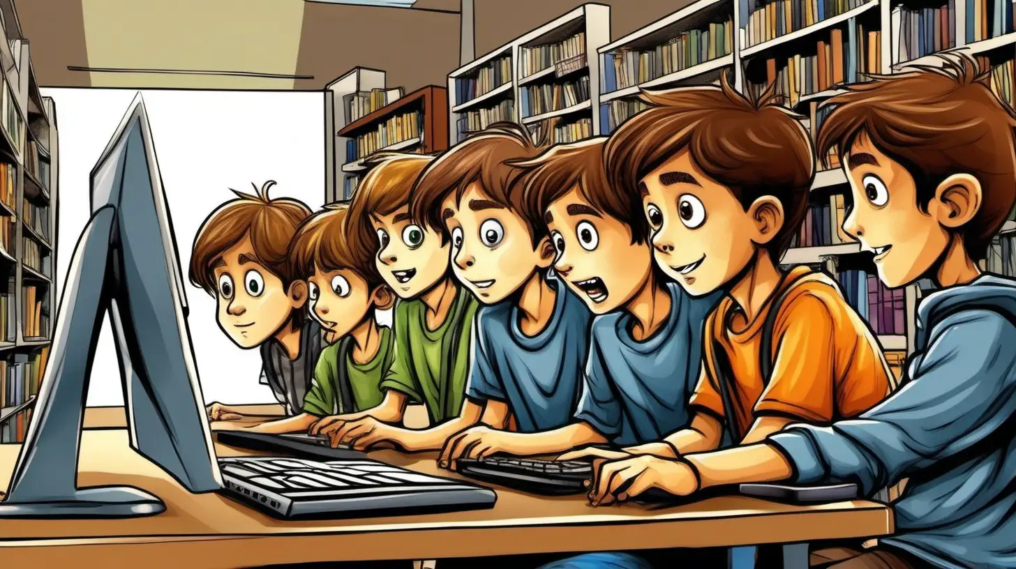 ıllustrate ten years old brown hair boy and his friends watching something on the computer, in library
