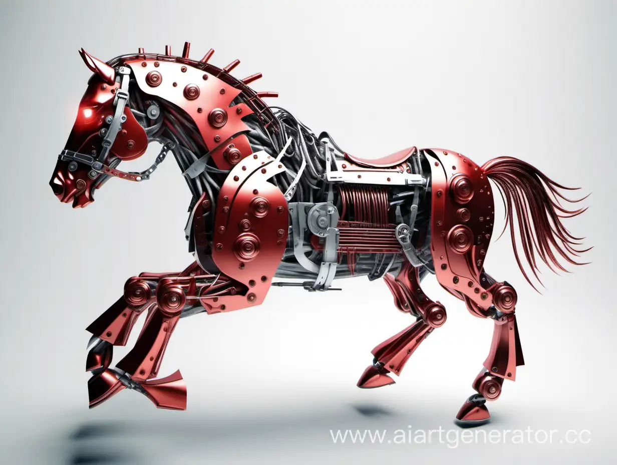 троянский конь из металла бежит 
красные тона на белом фоне
металлическая лошадь 
робот 
хищник