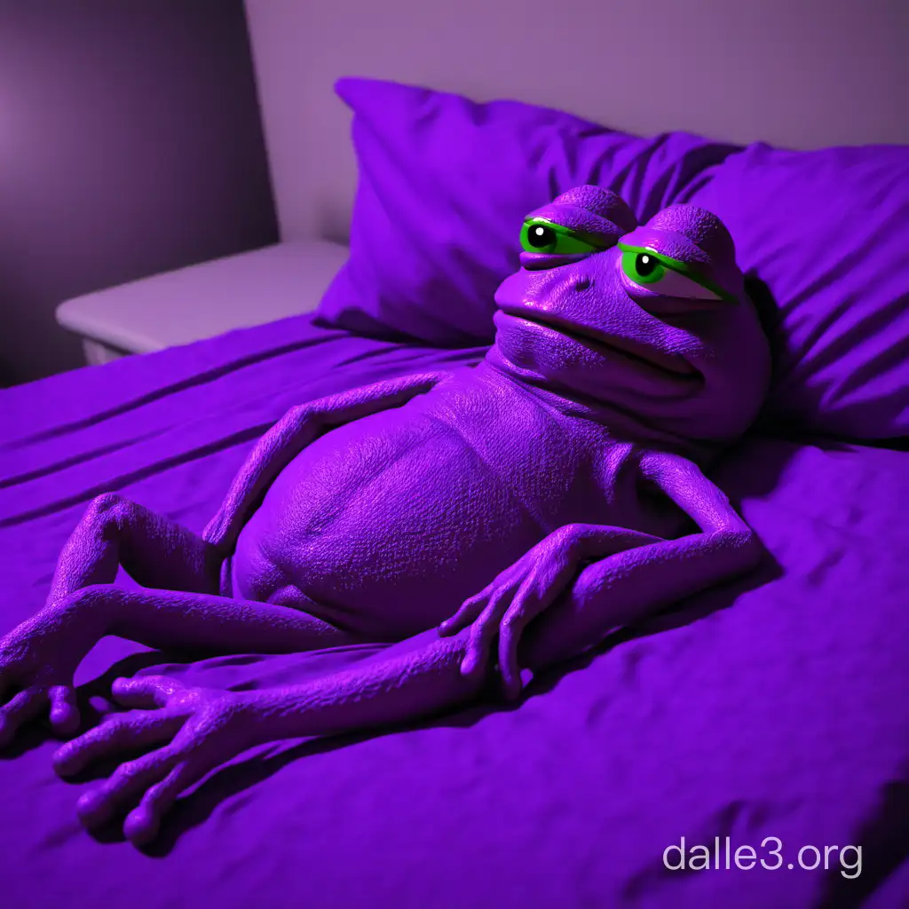 a pepe frog purple,sleeping in bed