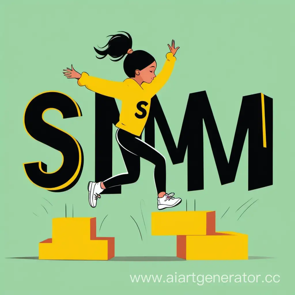 плоская иллюстрация девушки подпрыгивают около крупных букв S M M в желто чёрных цветах
