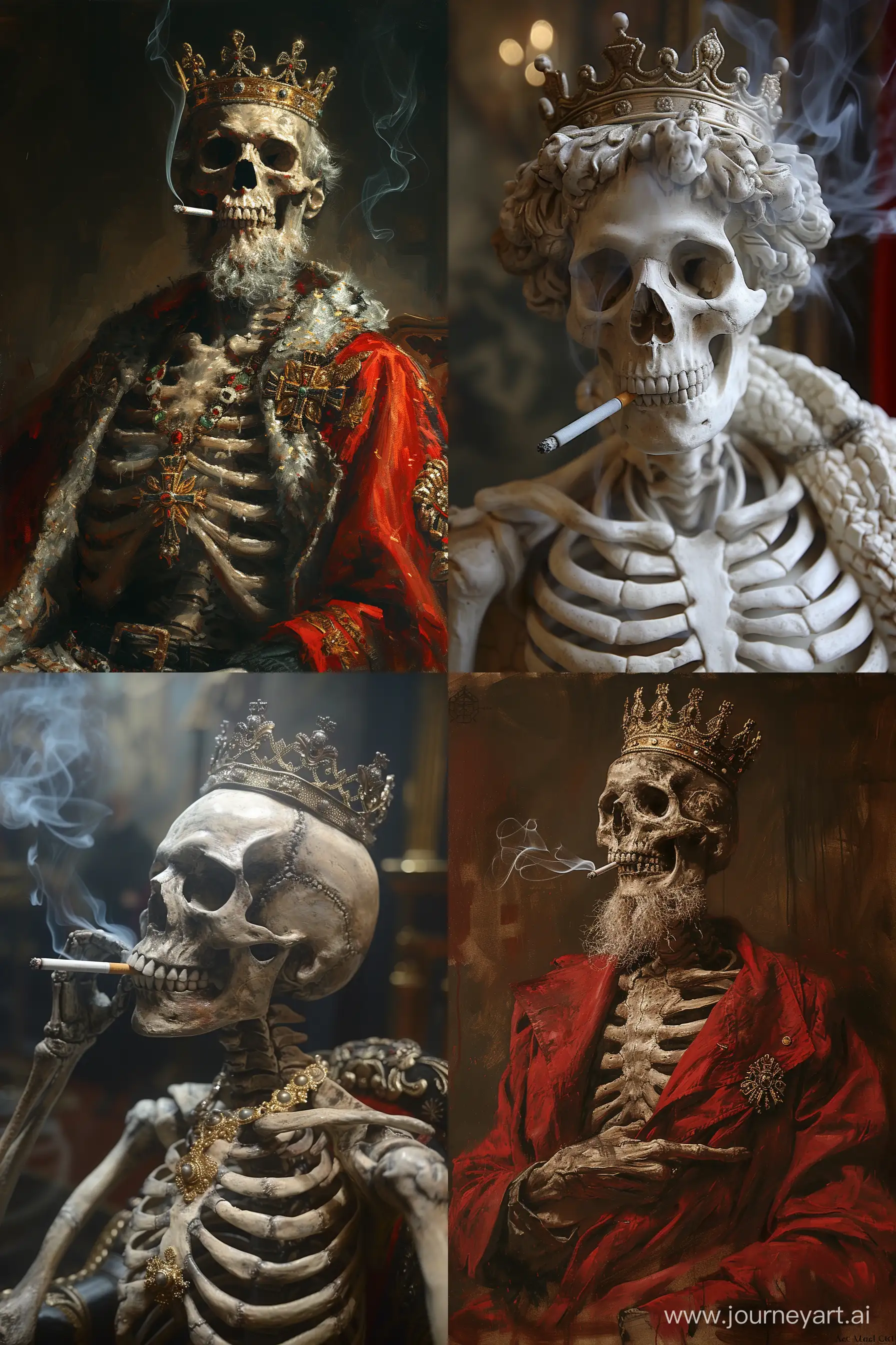 a portrait of the skeleton skull of a king with a crown, smoking a cigarette by Alec Monopoly --ar 2:3 --style raw --stylize 750 --v 6