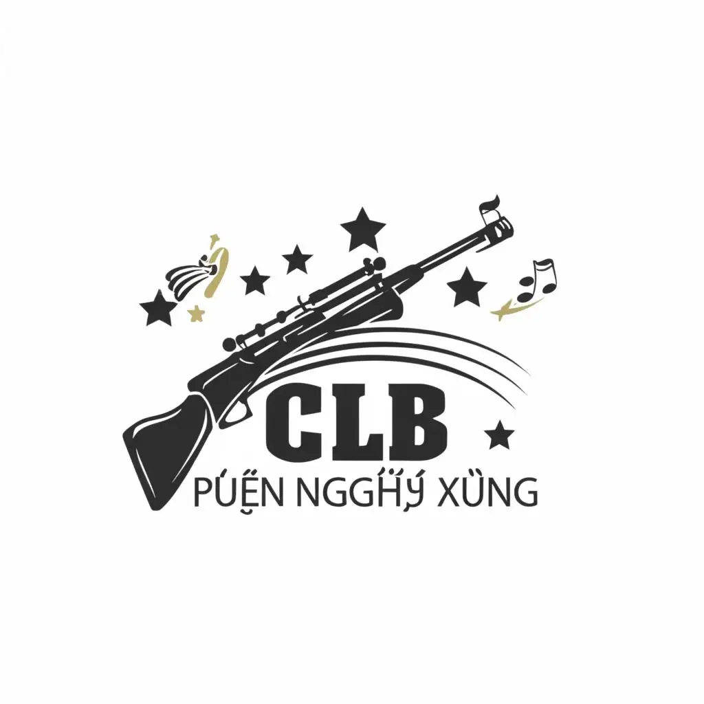 logo, music notes, rifle, stars, micro, with the text "CLB VĂN NGHỆ XUNG", typography, to be used in the Education industry