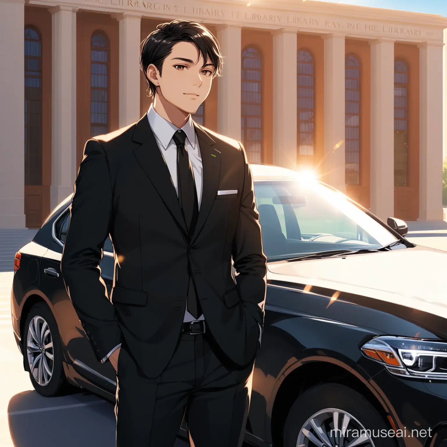 Professional VTC Driver in Formal Attire Posing with Luxury Car at Sunny Library Entrance