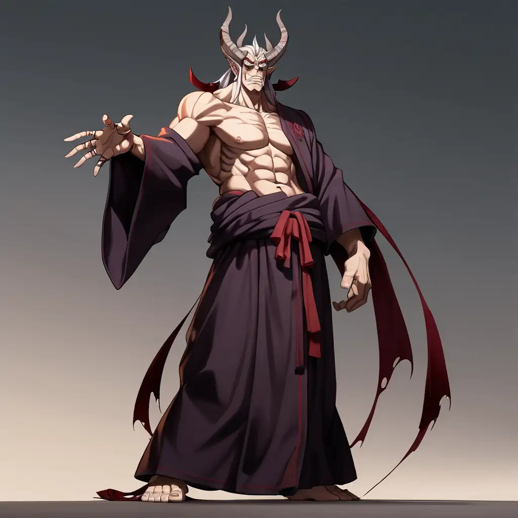 anime demon man, fatherly, tall, large, calm expression, buff, dynamic pose, full body, wearing robes, aged, ancient, powerful, looking over shoulder, arms crossed, judgement