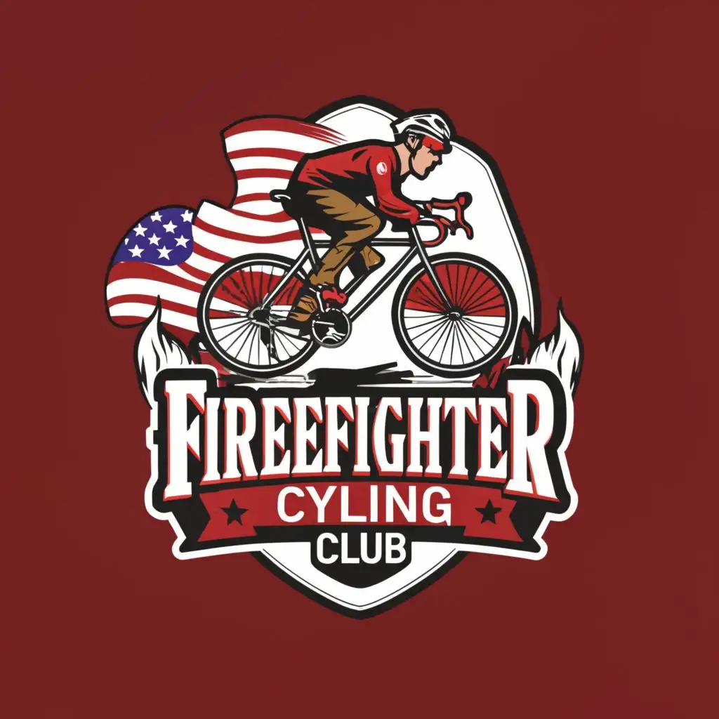 a logo design,with the text 'Firefighter Cycling Club', main symbol:Bike/Firefighter/ American flag behind the firefighter,complex,be used in Sports Fitness industry,clear background