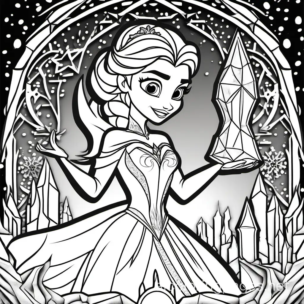 Elsa creating a magical ice sculpture with intricate details and a sense of wonder., Coloring Page, black and white, line art, white background, Simplicity, Ample White Space. The background of the coloring page is plain white to make it easy for young children to color within the lines. The outlines of all the subjects are easy to distinguish, making it simple for kids to color without too much difficulty