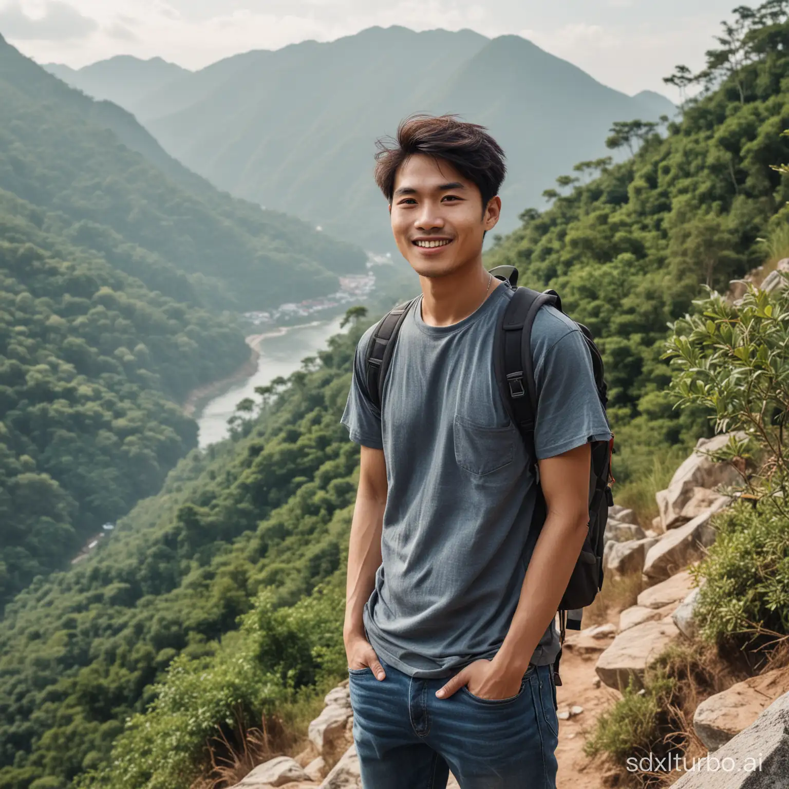A 25 year old Asian young man, standing on a mountain hill, wearing a T-shirt, jeans, backpack, high cliff, lots of trees,faint smile, pose