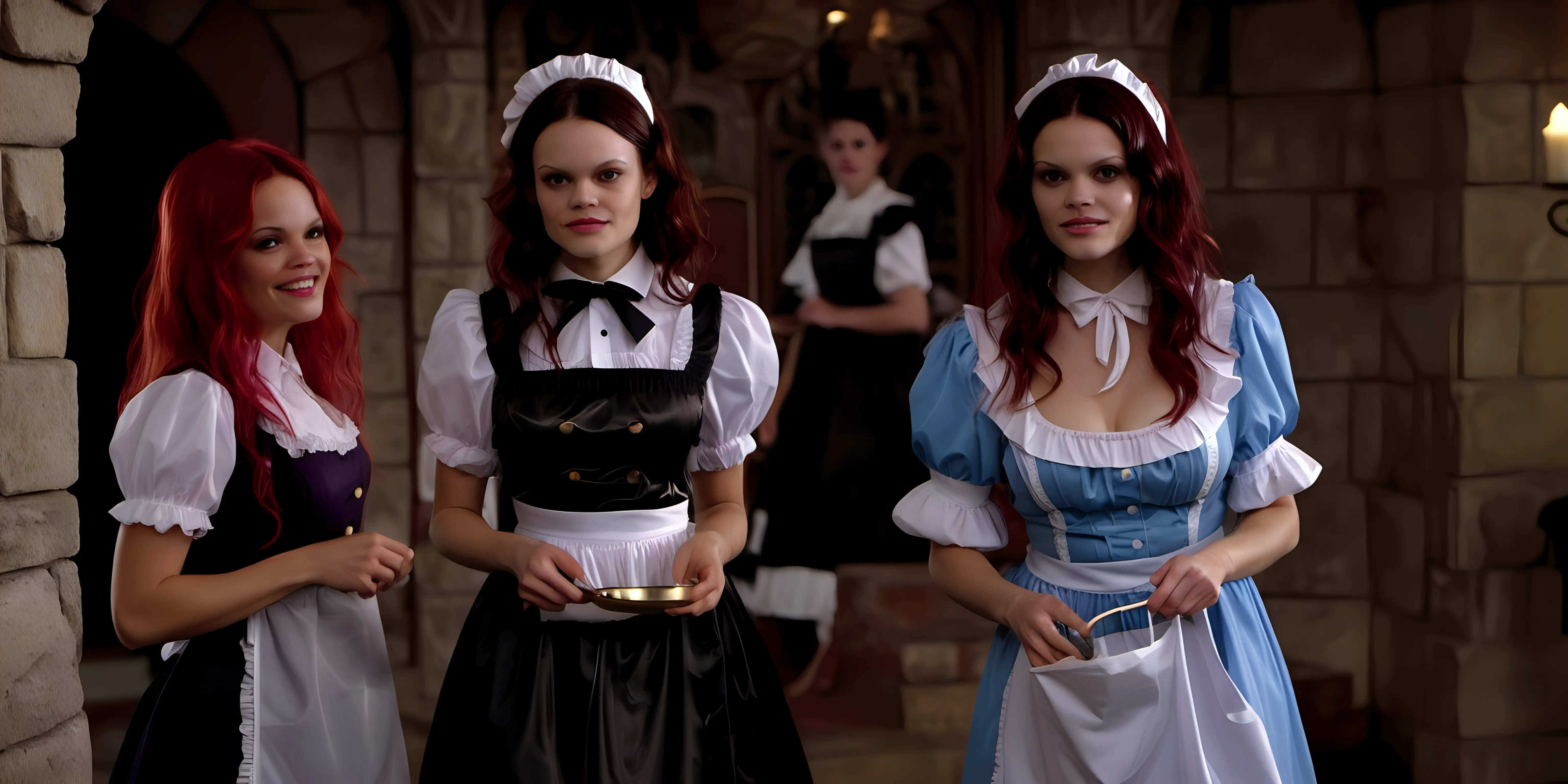 girls in long crystal silk retro strong style sky BLUE and lila
french and victorian maid gown with apron and peter pan colar and long and short sleeves costume and milf mothers long blonde and red hair,black hair Rachel Bilson  smile in castle