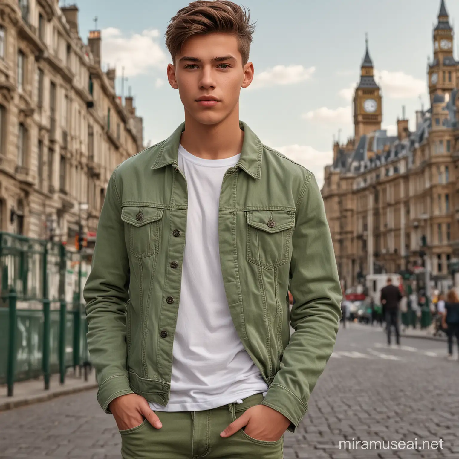 a very handsome young man, 18 yo, wearing a white t-shirt, sage green denim jacket, background bigben.ultra realistic