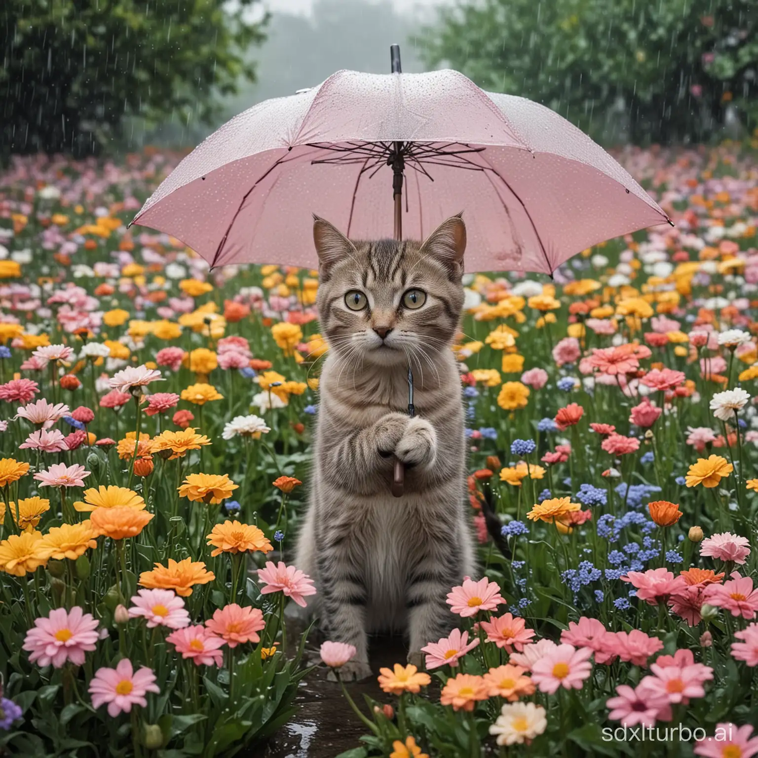 The little cat, holding an umbrella, stood in a sea of flowers on a rainy day.