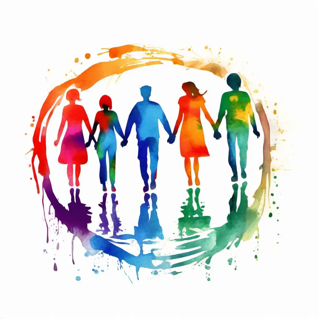 There are three people holding hands.  They are all different.  They represent diversity. There is a fun symbol behind them.

Style: Bright water colours. Natural. Impressionist.
Mood: Celebratory.

T -shirt design graphic, vector, contour, white background.