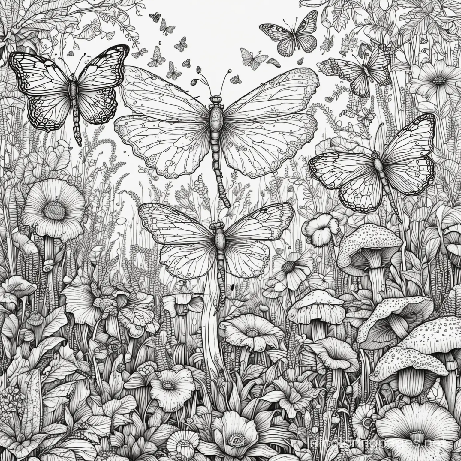 trippy mushrooms and flowers with butterflies and dragon flies, Coloring Page, black and white, line art, white background, Simplicity, Ample White Space. The background of the coloring page is plain white to make it easy for young children to color within the lines. The outlines of all the subjects are easy to distinguish, making it simple for kids to color without too much difficulty