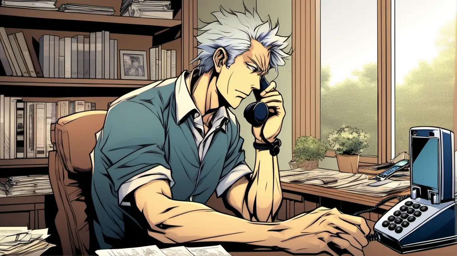 in anime style, an image of successful man having a serious phone discussion in his home office  in his beautiful suburban home