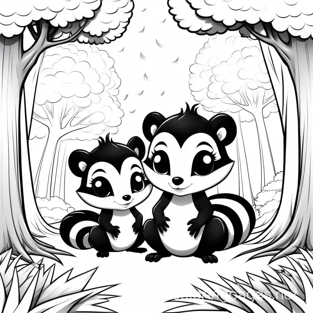 fantasy , two cute chibi skunks under a pine tree, extremely detailed , Coloring Page, black and white, line art, white background, Simplicity, Ample White Space. The background of the coloring page is plain white to make it easy for young children to color within the lines. The outlines of all the subjects are easy to distinguish, making it simple for kids to color without too much difficulty