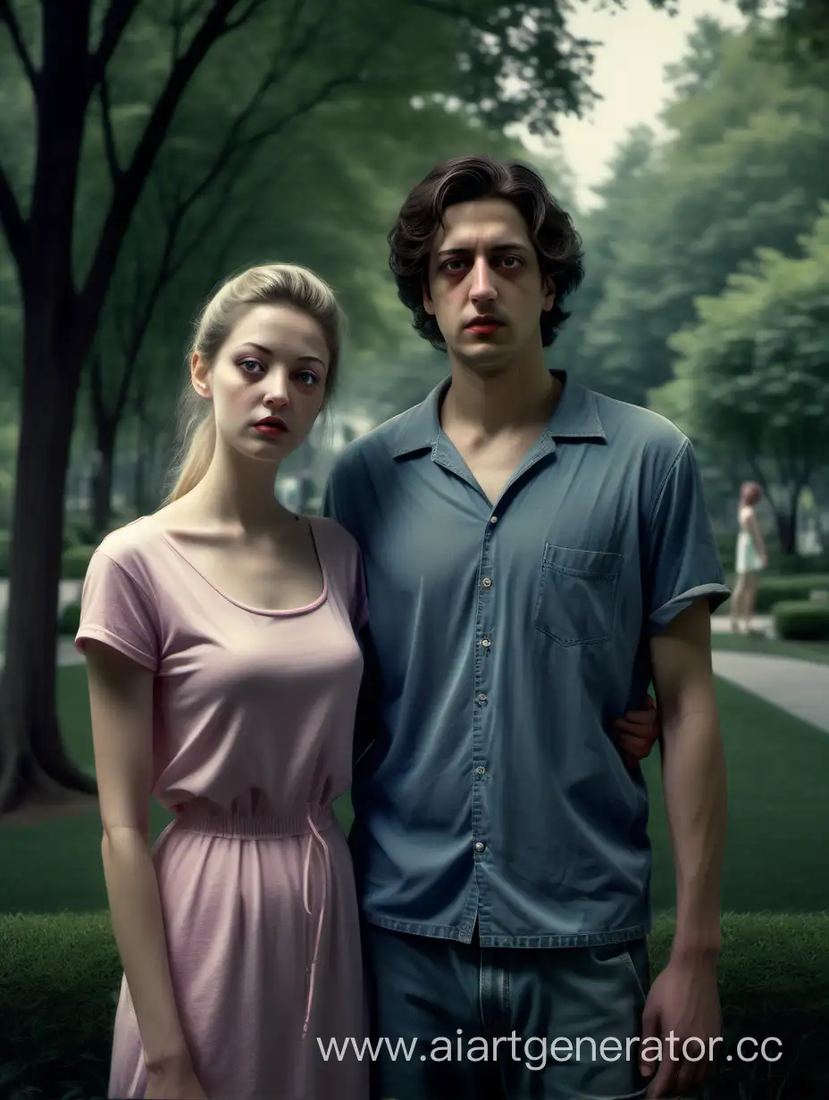 (((25years old couple standing in a beautiful secret park))), slim woman, stocky man, full body, Gregory Crewdson art, award winning photography, grainy, realistic, hyperrealistic, very realistic, very very realistic, highly detailed, very detailed, extremely detailed, detailed, digital art, trending on artstation, detailed face, very detailed face, very detailed face, realism, HD Quality, 8k resolution, intricate details, colorized photograph, colorized photo. Sharp focus,