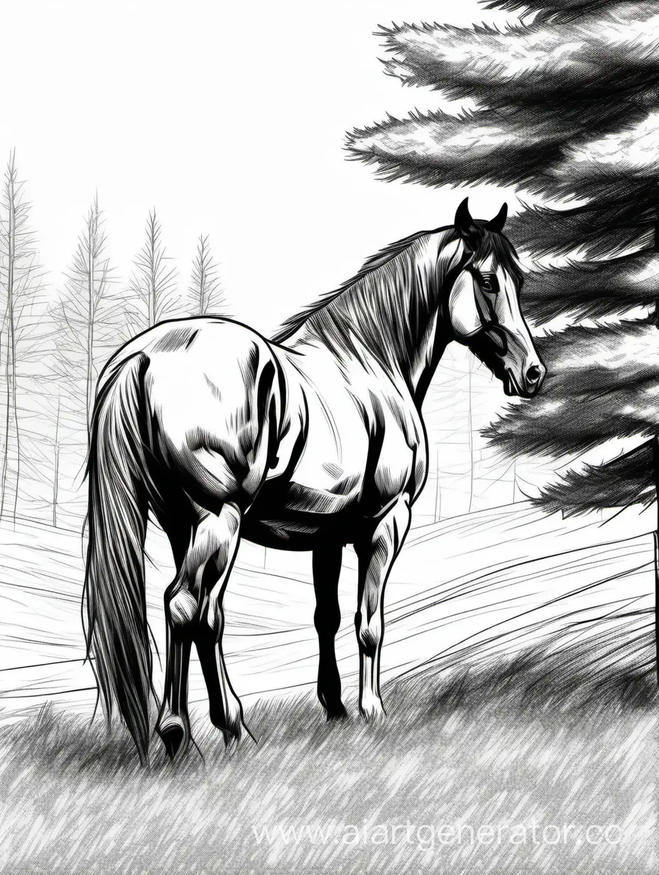 4k high definition, a horse with a meadow or standing under a pine tree in the background, realistic sketch style, sketch line effect
