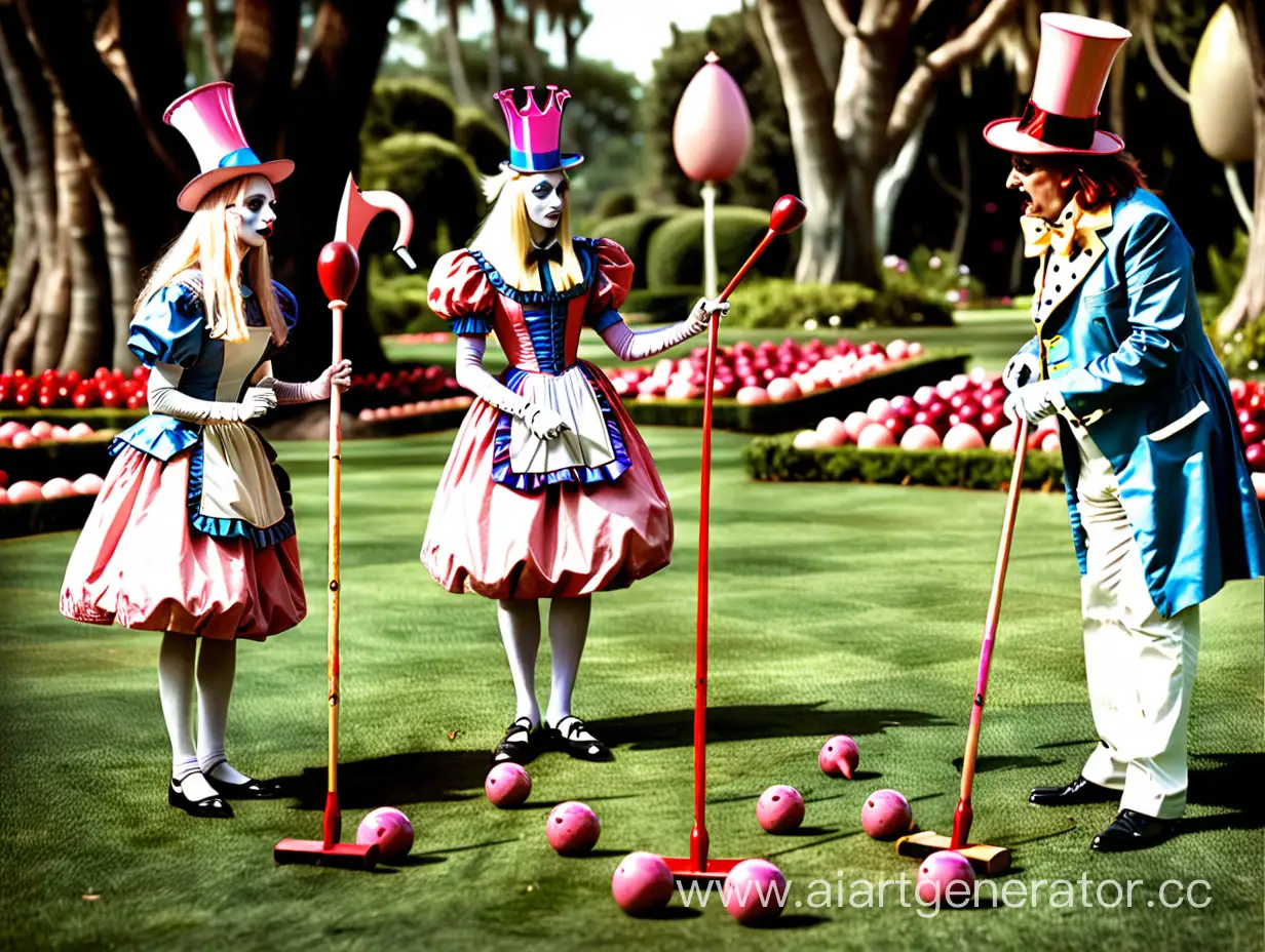 Люди бубновый король и королева и люди пиковый король и пиковая королева из фильма Алиса в стране чудес играют в крокет, используя клюшки в виде фламинго,на газоне в королевстве карт.