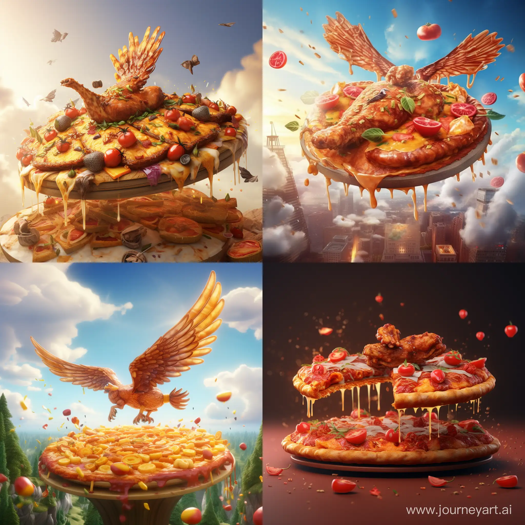 Flying pizza with wings. 3D animation 