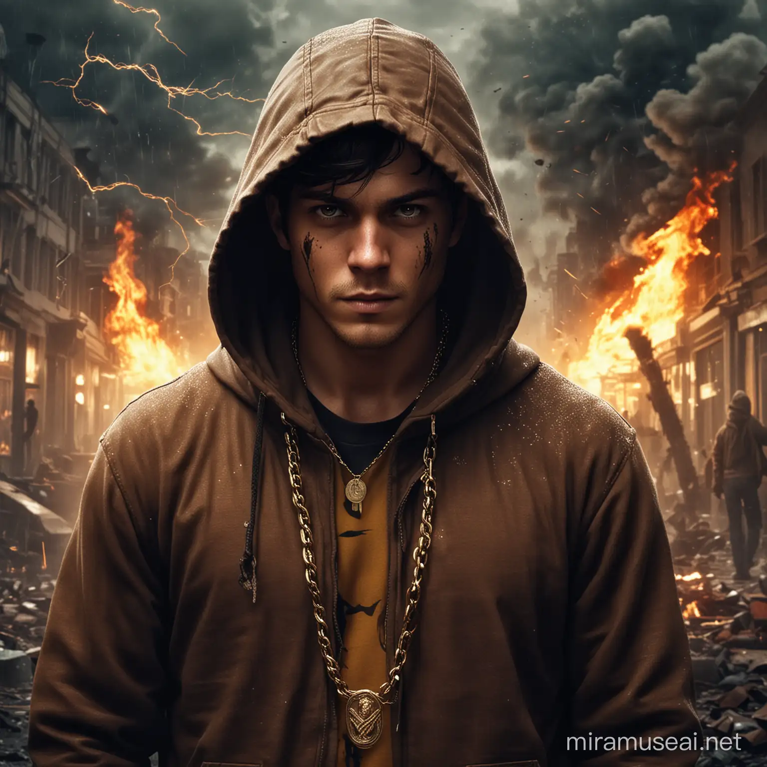 Male Character in Chaos Hoodie Gold Chain Cap Amidst Fire and Undead