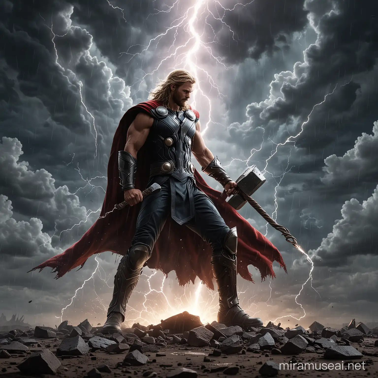 thor superhero, scattering lightning bolts with hammer in hand, clouds flash lightning on the ground, high definition , 4k , deep background