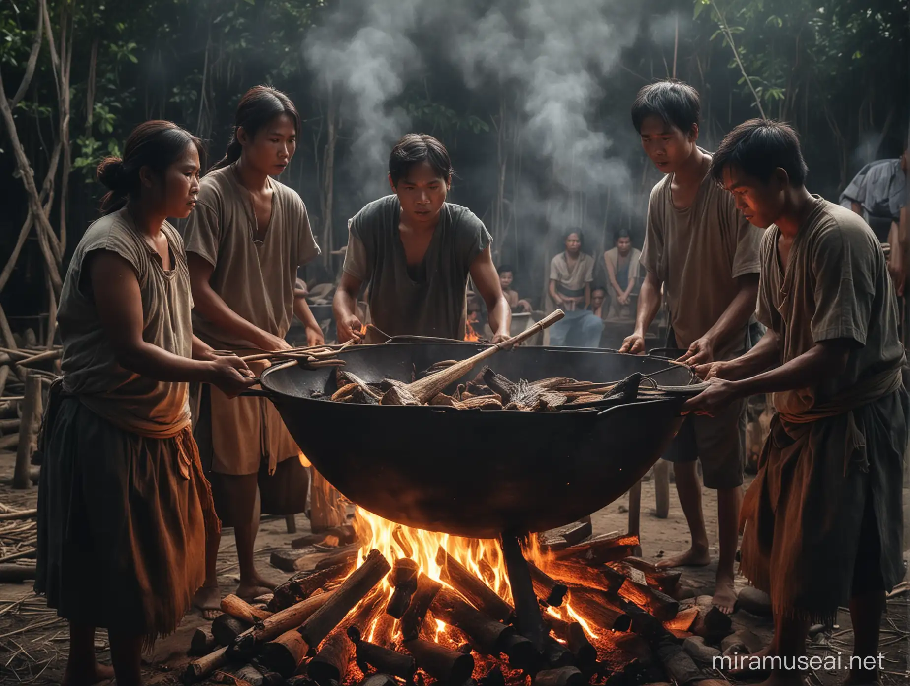 A group of male and female Filipino rural villagers huddling over a large wok over a fire, preparing for a feast at night, they look scary and menacing, they have animalistic features, horror, cinematic