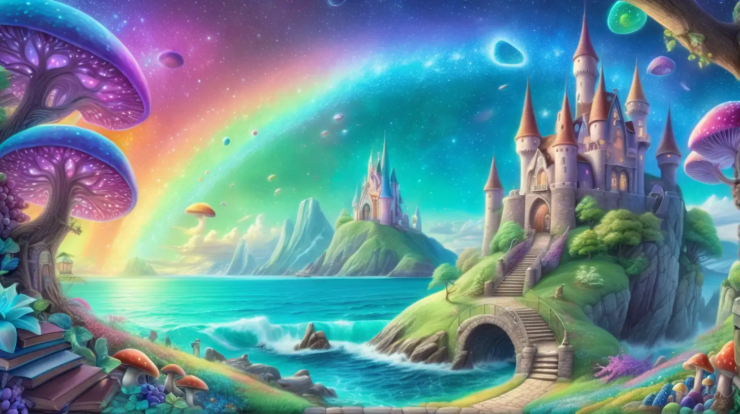 fairytale-magical grape trees -glowing-bright rainbow-pastel green-sky blue forming a castle that shows outer space astroids and rainbow-mushroom garden and a bright ocean doorway of bookshelves