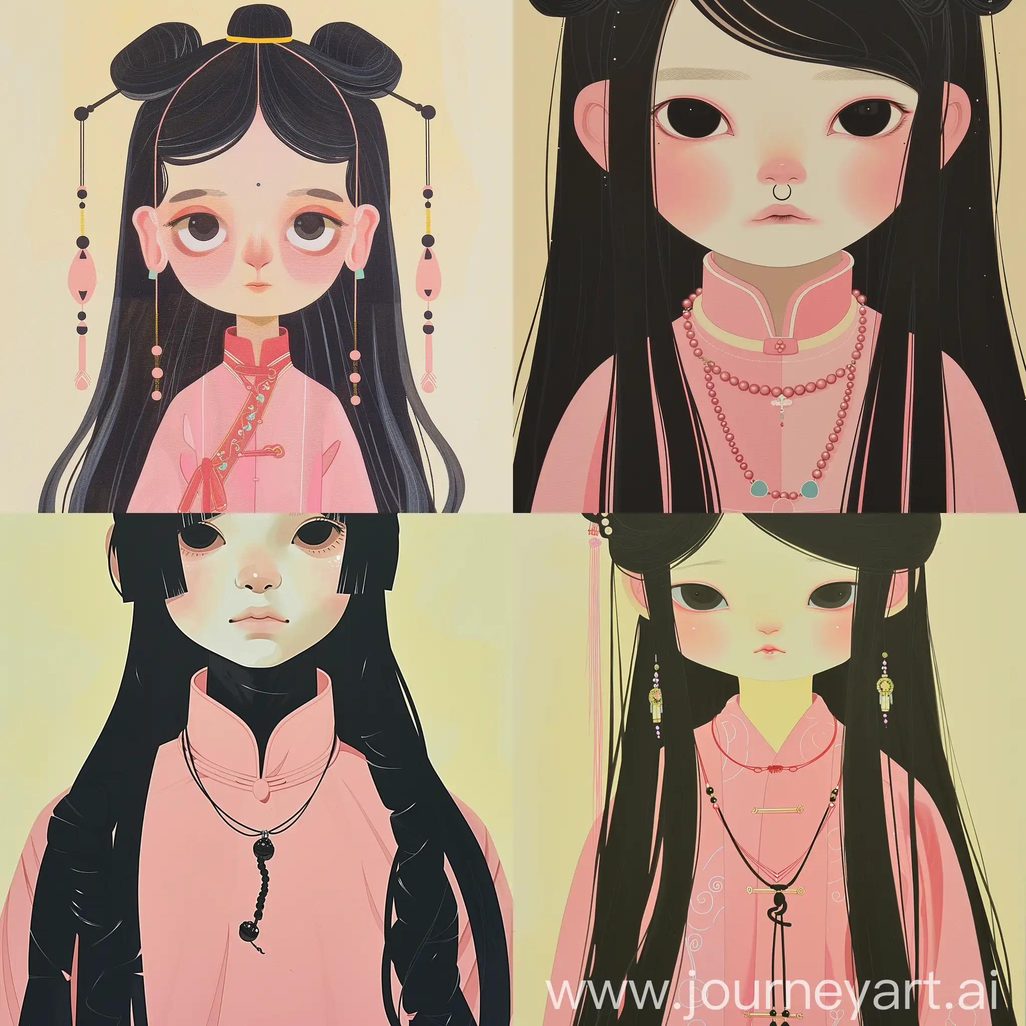 a gongbi painting of a 5 years old black long hair Chinese Qing Dynasty boy wears pink hanfu, tangled jewelry, round face, extremely minimalism portrait, geometric shapes, matte light yellow background, in the style of crisp neo-pop illustrations, animated gifs, dolly kei, cartoon-like characters, close-up, head view, bold, cartoonish lithographs