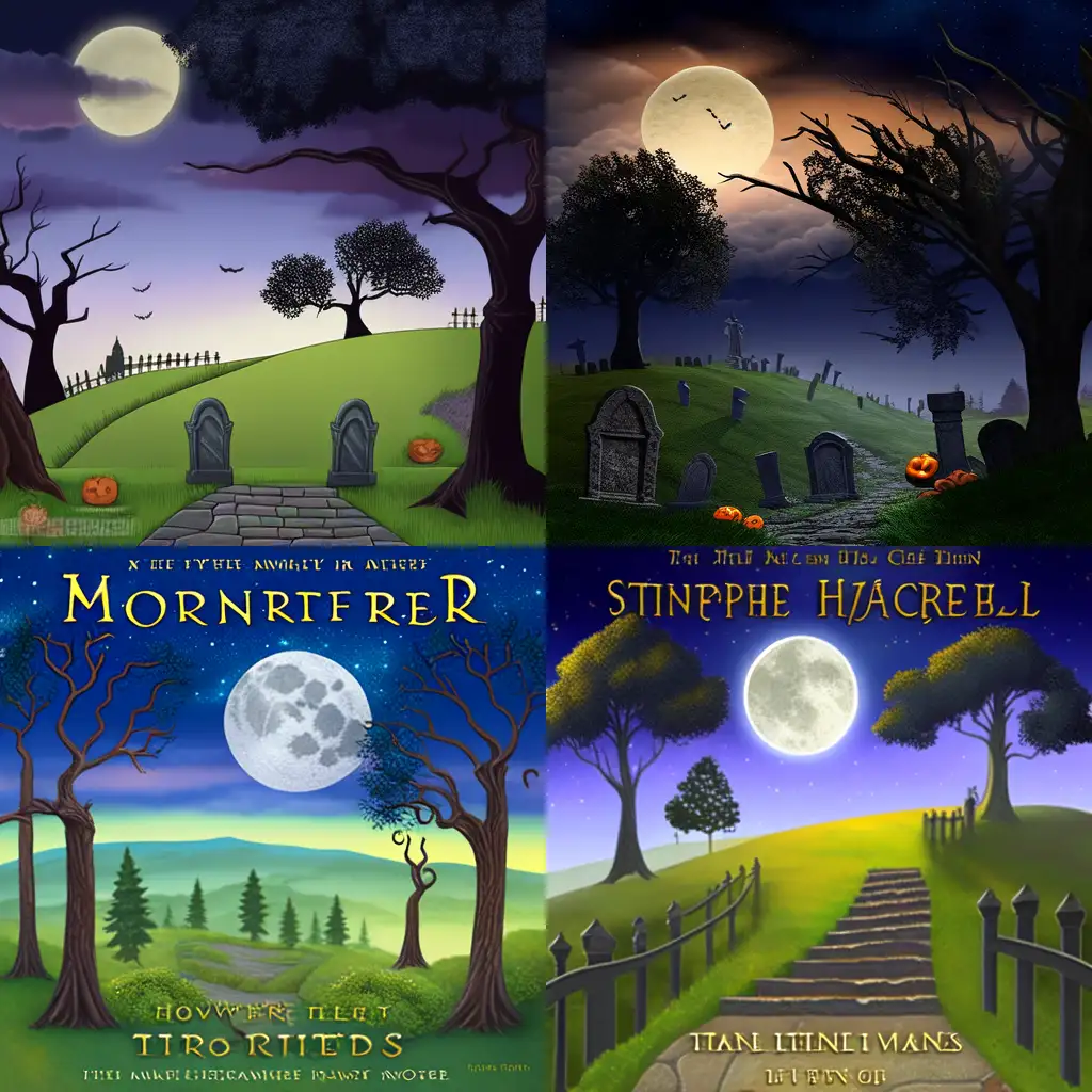 prompt, childrens book cover background only, front and back cover, one piece of art, spooky backdrop of rolling hills and a tree line, leading up to the tree line is a hill and on the hill are various gravestones littered around, in the midground on the right are two large creepy looking trees creating an archway, behind the two trees is a full moon, the colour of the book cover is made up of green, the feel of the image should be watercolour, artwork in the style of Shane Devries illustrations. book for children 10 years old
