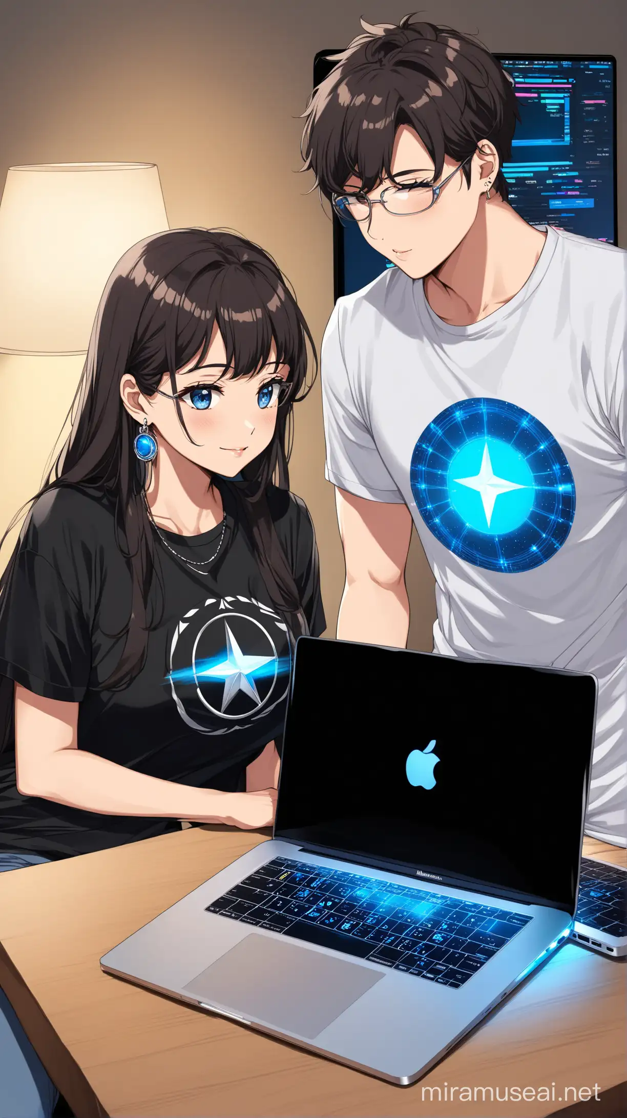 AnimeInspired Brunette Couple with MacBook Pro and Mercedes AMG Trading Chart Background