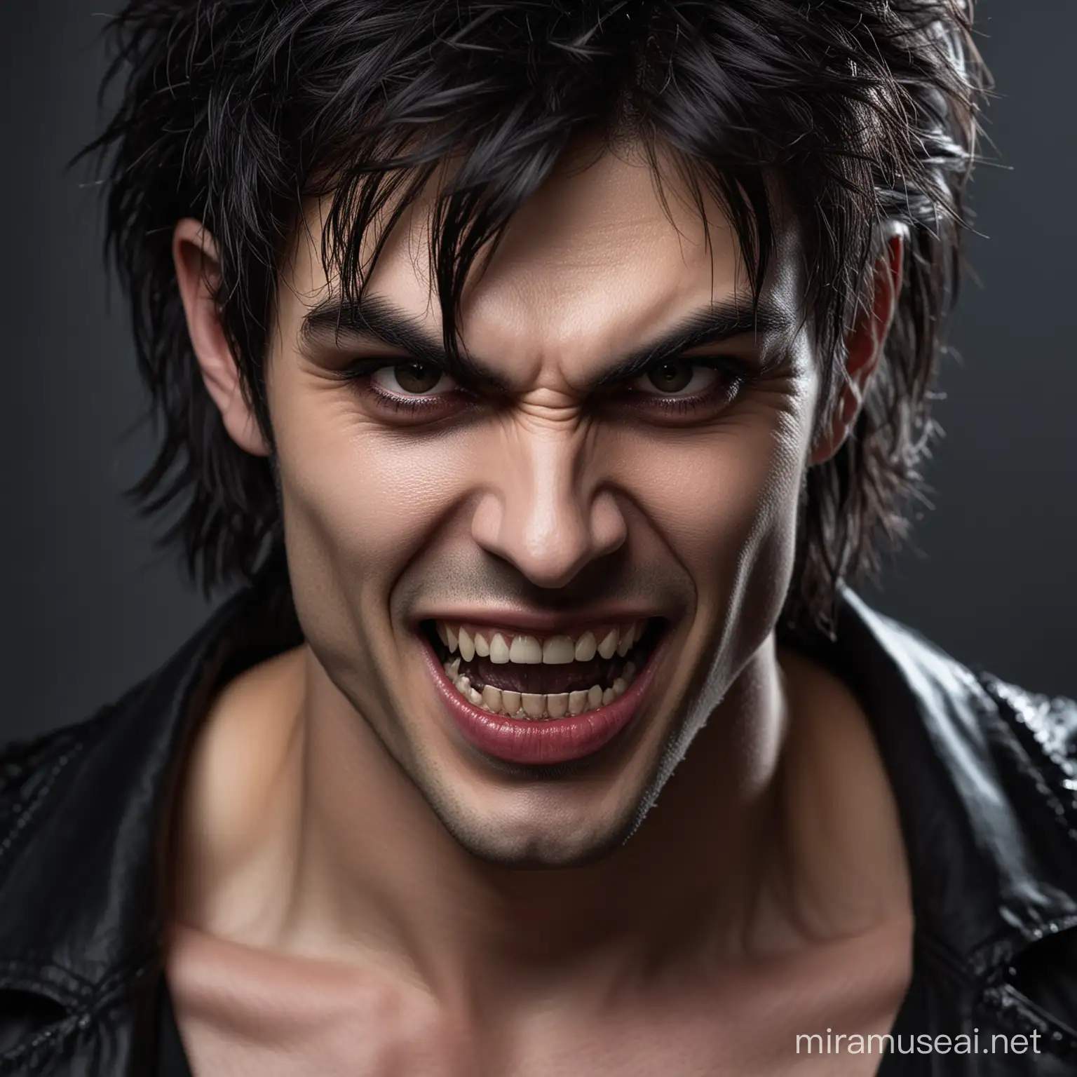 close up male vampire dark hair with vampire fangs 