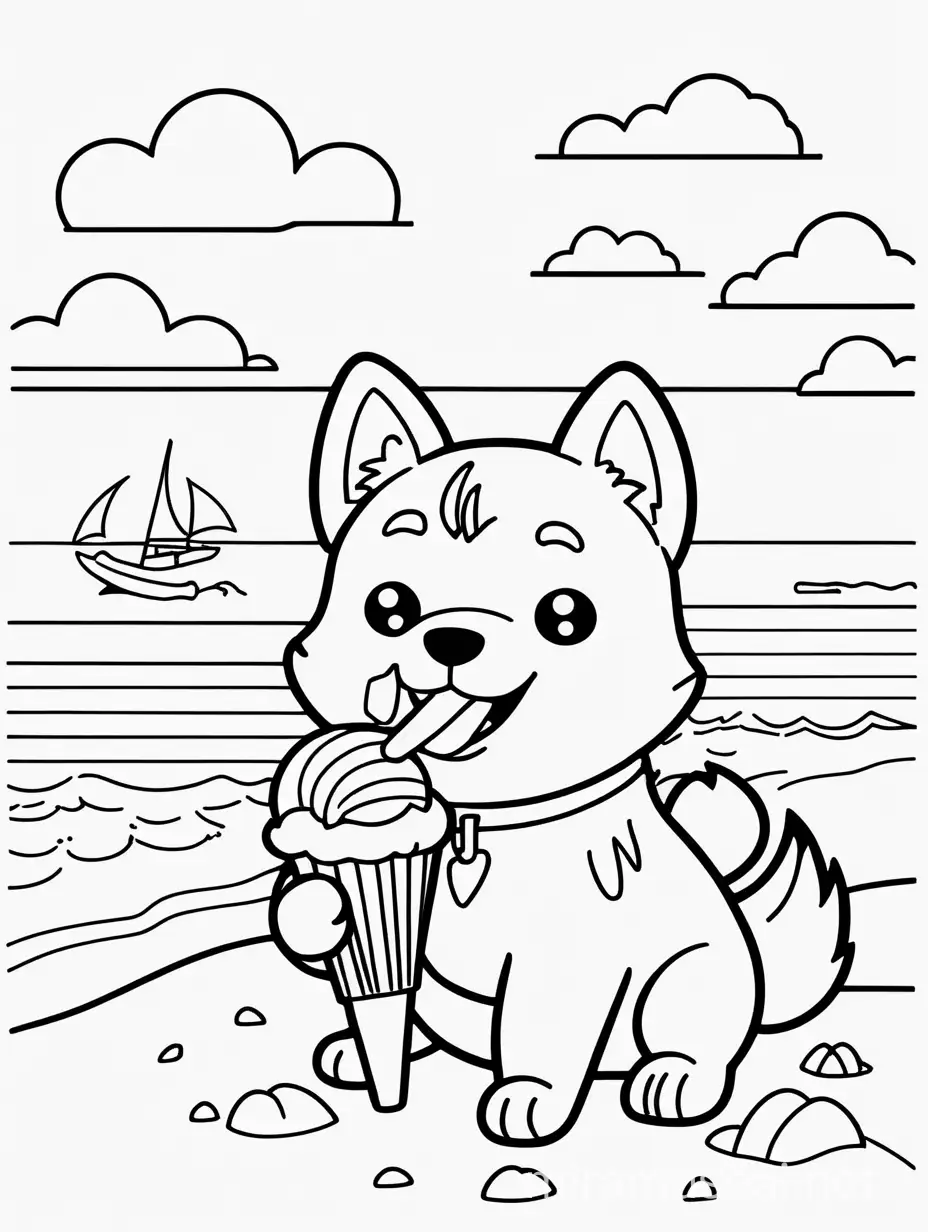 Coloring page for kids with a kawaii shiba inu dog eating a popsicle at the beach with a sunny sky and puffy clouds, black lines and white background only black and white