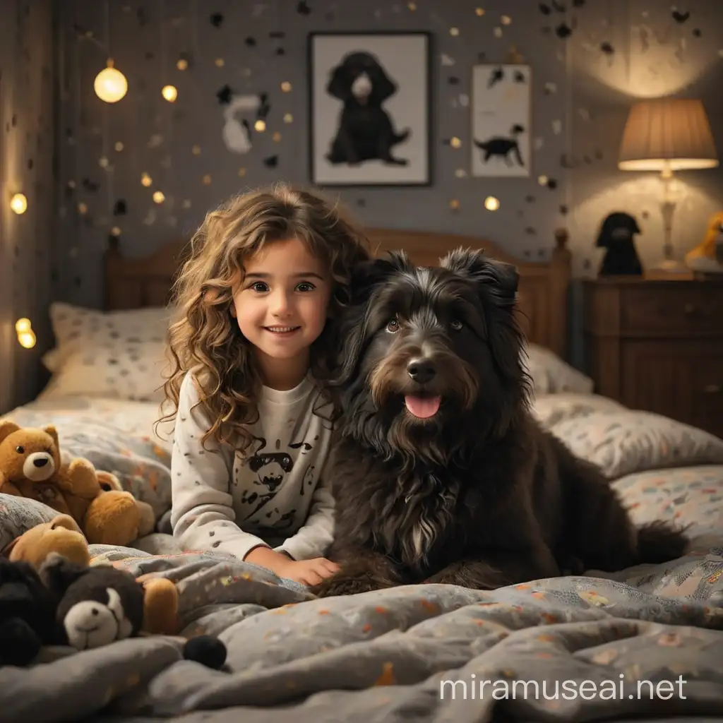 4 year old girl (long brown curly hair) with a one black dog (Catalan Sheepdog dog, mid size, long hair) in a beautiful bedroom decorated with kids wallpaper and toys laying around, during the night with super low dramatic ambient light ready to go to sleep. 