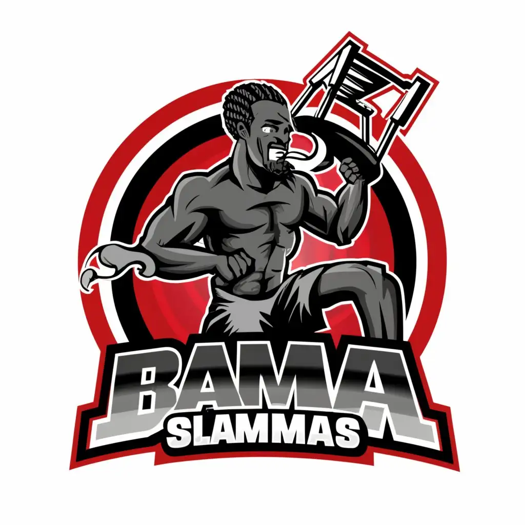 a logo design,with the text "BAMA SLAMMAS", main symbol:angry black man swinging a chair t someone,complex,be used in Sports Fitness industry,clear background