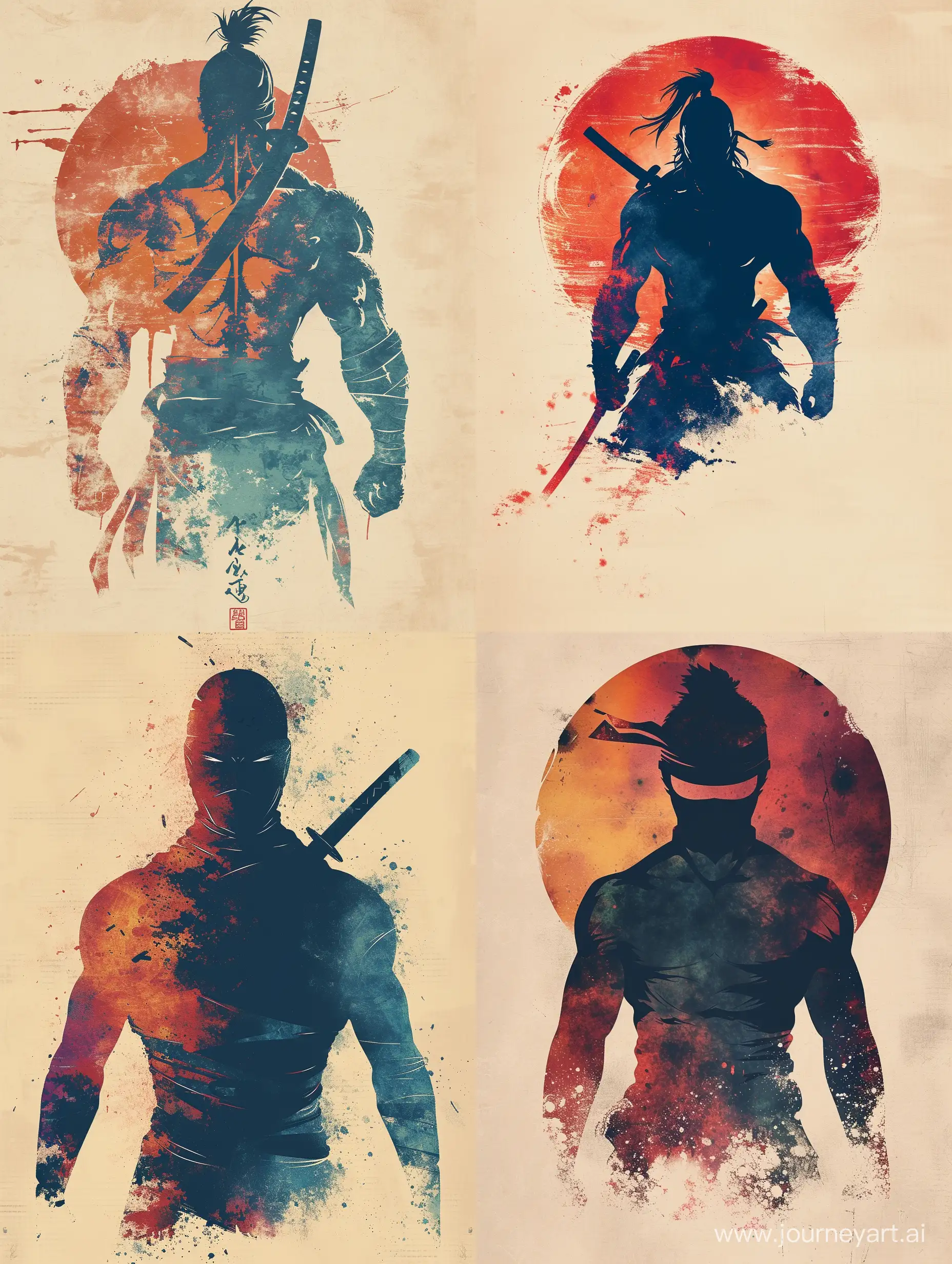 A minimalist design with a vintage touch, featuring a cool, muscular and stylish anime ninja silhouette in faded, awesome and bright colors, trending on artstation, sharp focus, studio photo, intricate details, highly detailed,