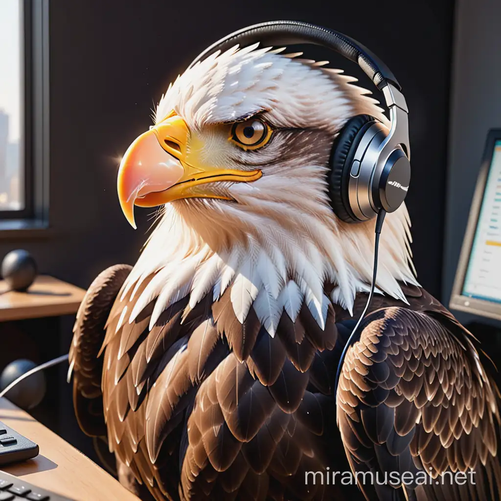 Eagle Dispatcher with Headphones Professional Avian Communication Specialist