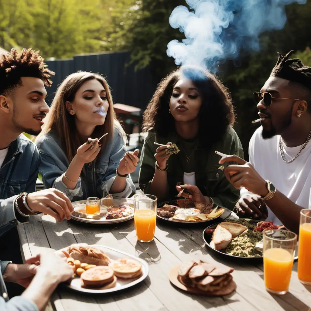 Casual Outdoor Brunch with Friends Enjoying Cannabis