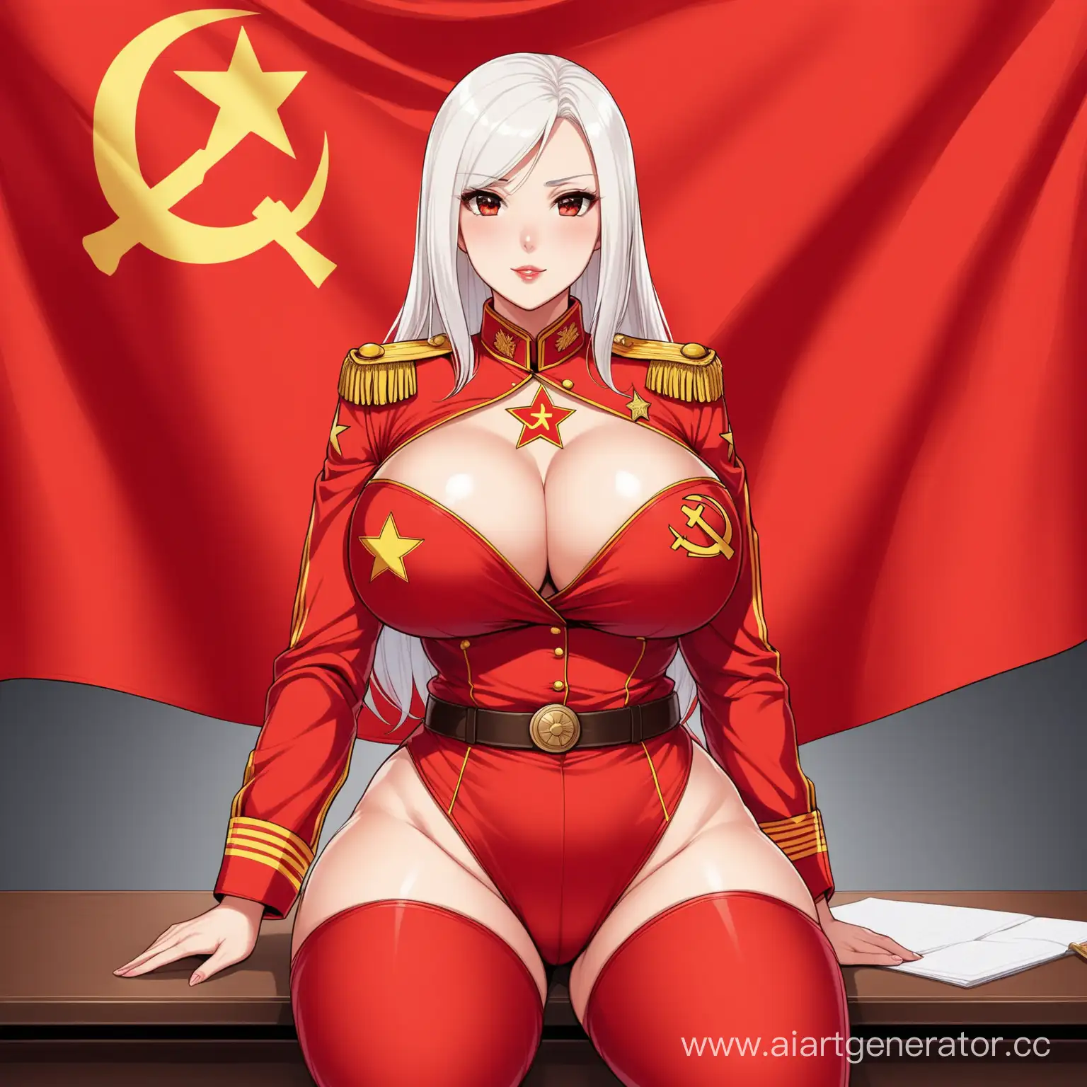 Soviet-Marshal-Seductively-Poses-in-Office-with-Hammer-and-Sickle