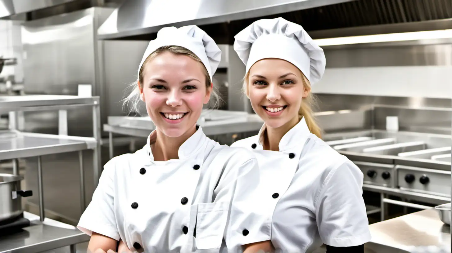 Female food technology worker in commercial kitchen, caucasian, happy, with male colleague, bright stainless steel kitchen equipment in background